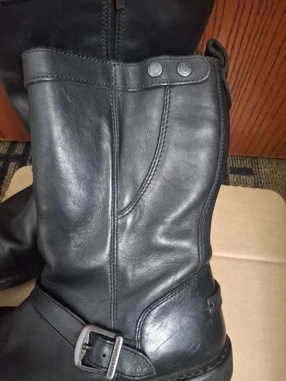 Harley-Davidson Black Leather Mid-Calf Zip & Buckle Boots